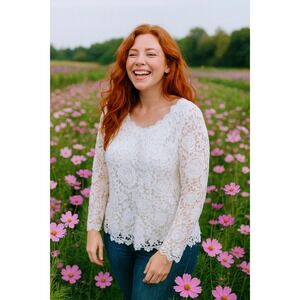 Lace Blouse Long Sleeve Elegant Floral Overlay Top XL‎